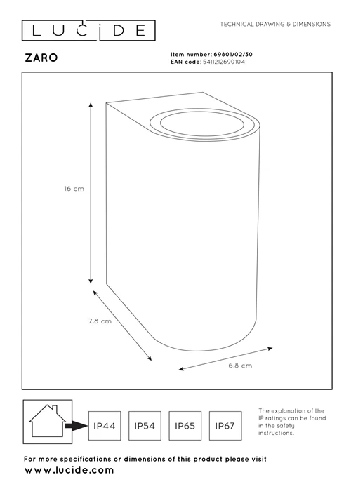 Lucide ZARO - Foco de pared / Lámpara de pared Dentro/Fuera - 2xGU10 - IP65 - Negro - técnico